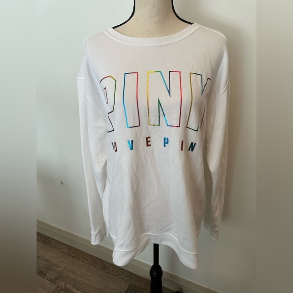Victoria Secret  PINK Campus Crew SZ M Oversized white w/rainbow logo - Picture 1 of 4